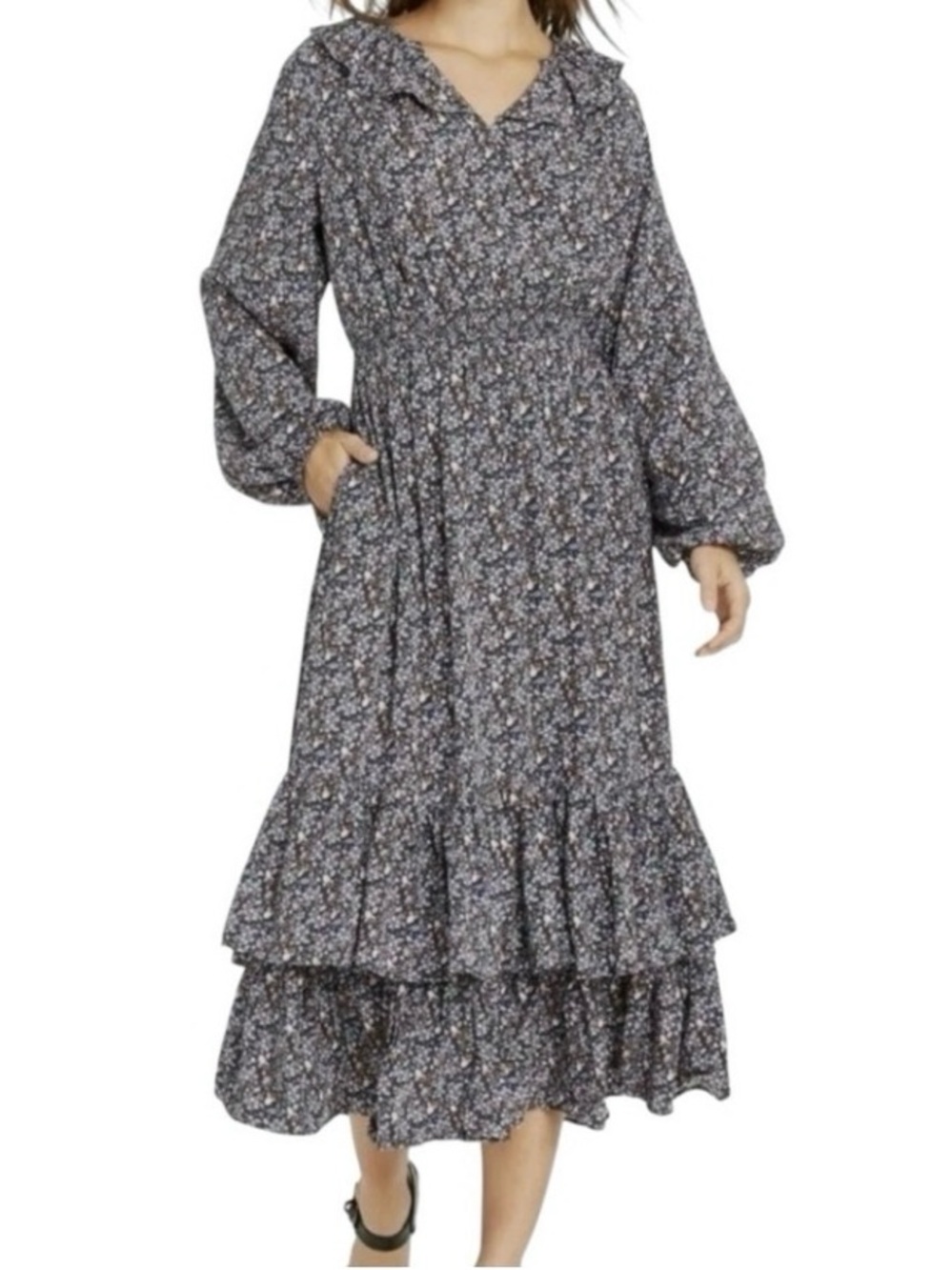 Universal Thread Floral Tiered Midi Dress Long Sleeve Boho Small